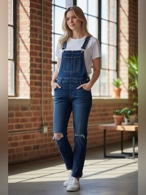 Express Dark Blue Denim Overalls with Knee Rips